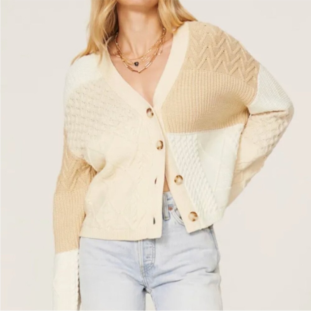 Rails Anthropologie Reese Cream Patchwork Knit Button Down Cardigan Size Medium